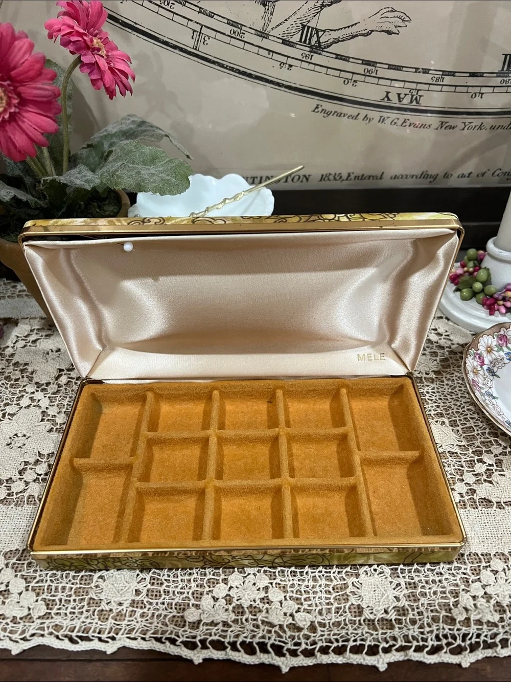 Vintage Decorative Olive Green Jewelry Box Organizer with Gold Accents